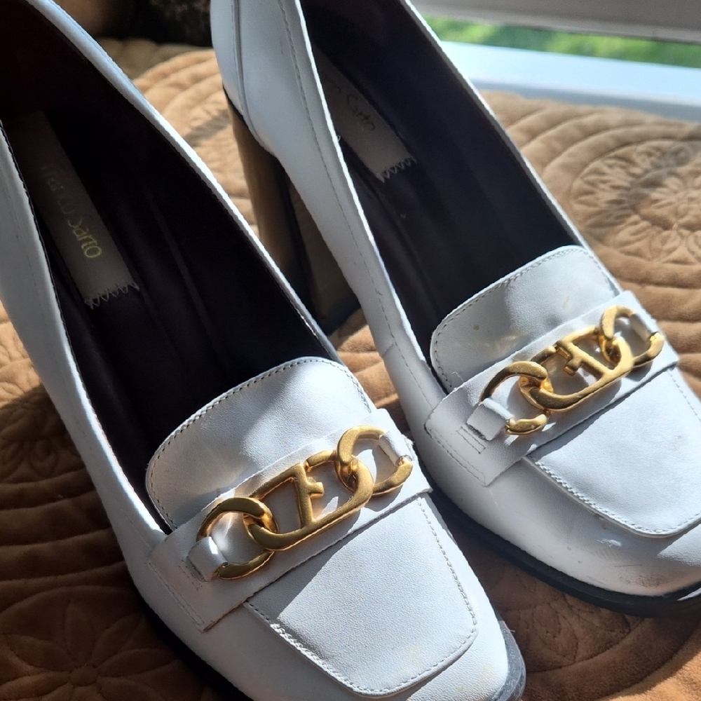 Franco Sarto White Loafers with Gold Chain Accent